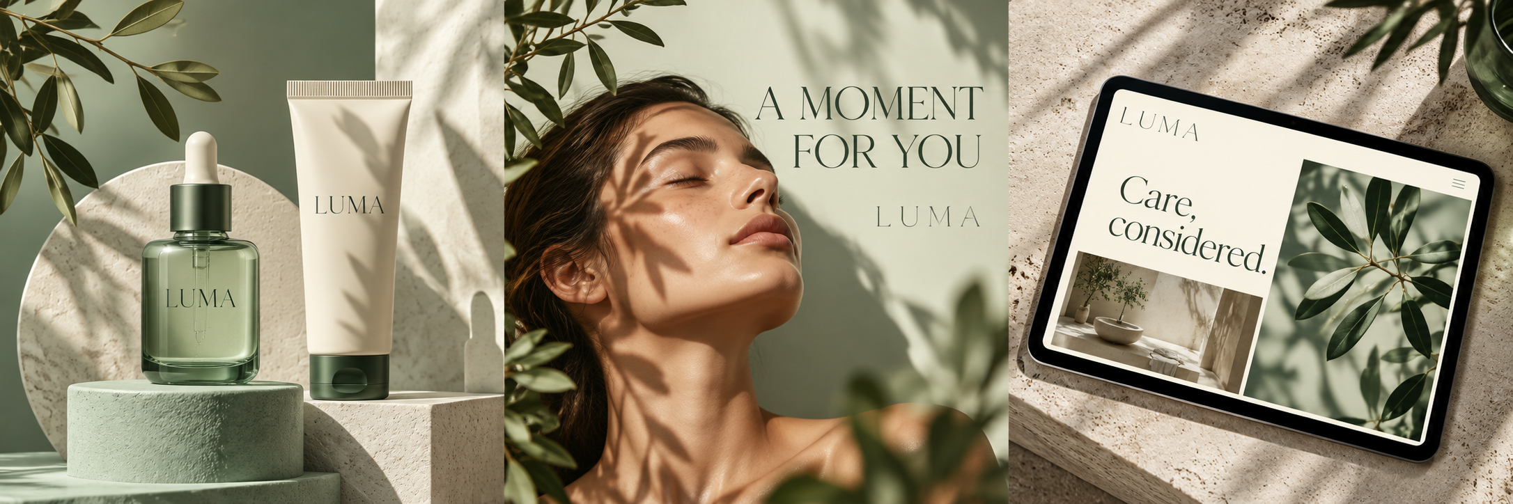 Contoh konsep visual produk untuk brand fiktif LUMA Skin