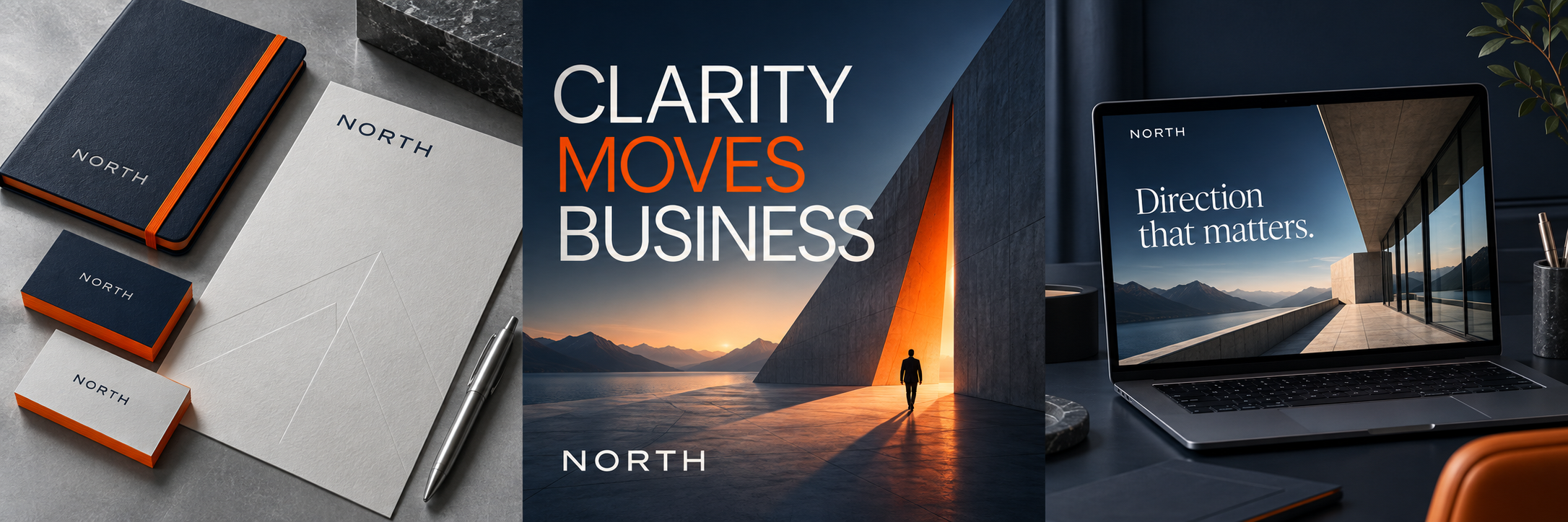 Contoh konsep identitas profesional untuk brand fiktif NORTH Consulting
