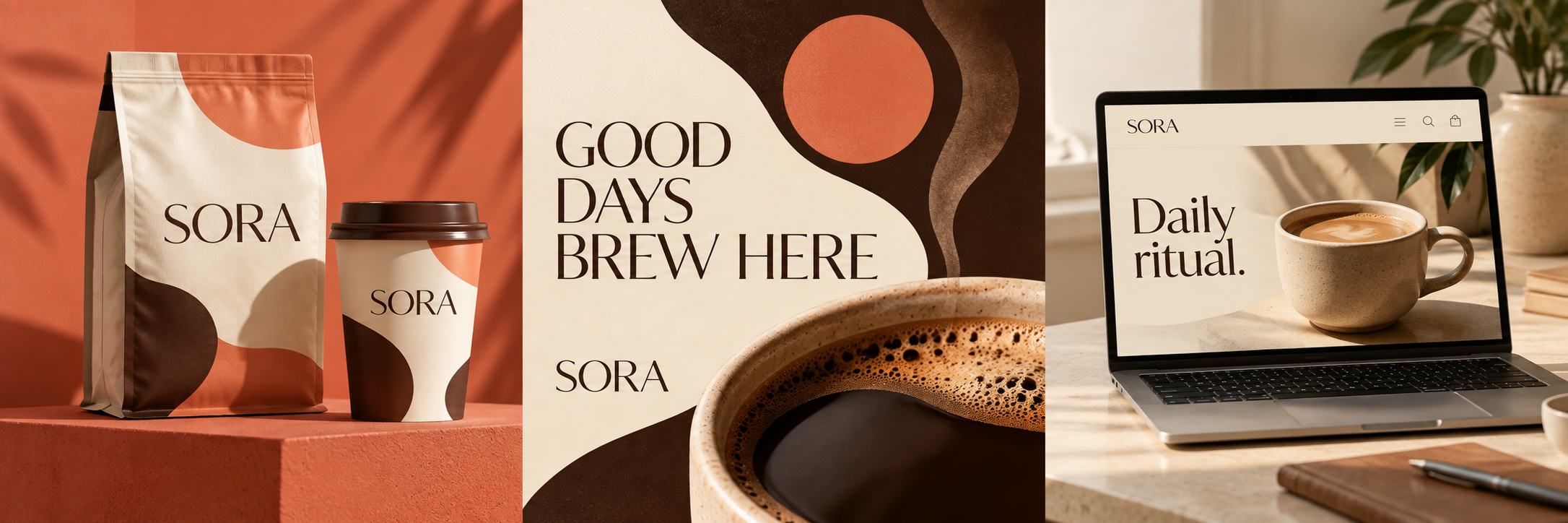 Contoh konsep identitas & packaging untuk brand fiktif SORA Coffee